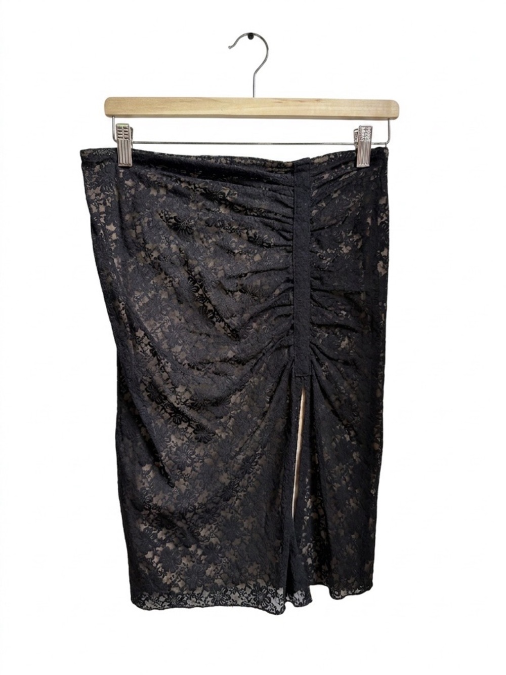 Black Lace Ruched Pencil Skirt